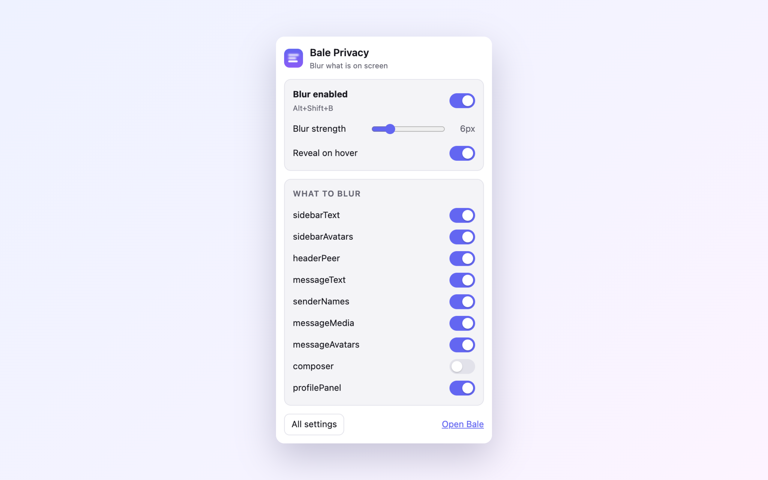 The extension popup, with a master switch, blur strength slider and one switch per category.